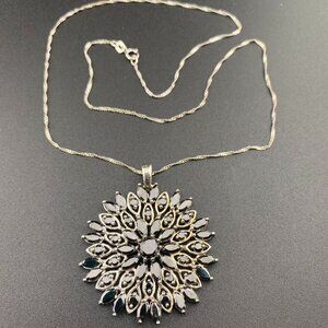 DL 925 Sterling Silver Vtg Black Malanite C Z Pendant 1.5" & 18" Necklace 12.7gm